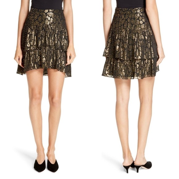 ALICE + OLIVIA Silk Metallic Shimmer Leopard Jacquard Ruffle Tier Mini Skirt 0 - Picture 5 of 9